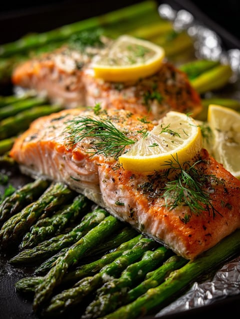 plated salmon topped with lemon slices and fresh dill