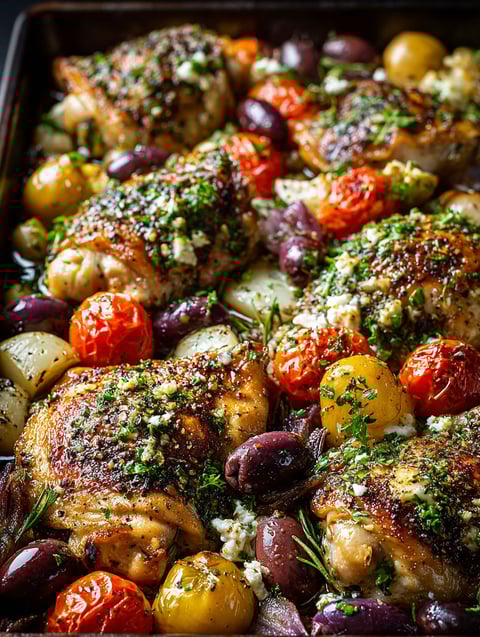 Tasty Greek style chicken baked on a sheet pan