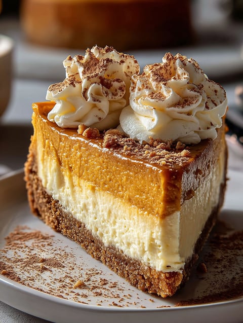 Slice of pumpkin cheesecake topped with whipped cream