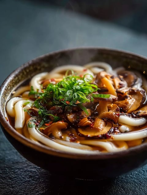 Close-up of a bowl with noodles and mushrooms
