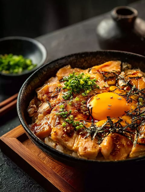 A bowl of oyakodon dish with a fried egg on top.