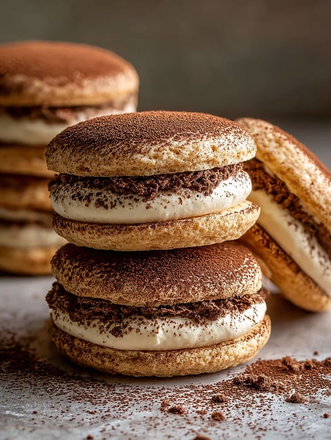 Stacked tiramisu-flavored cookies.