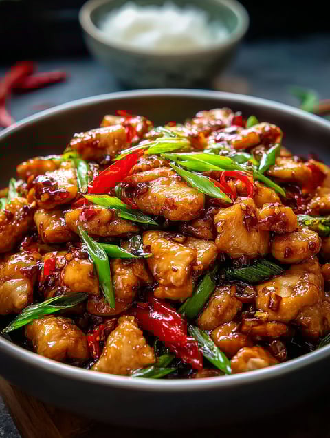 Bowl with Chinese garlic chicken stir-fry
