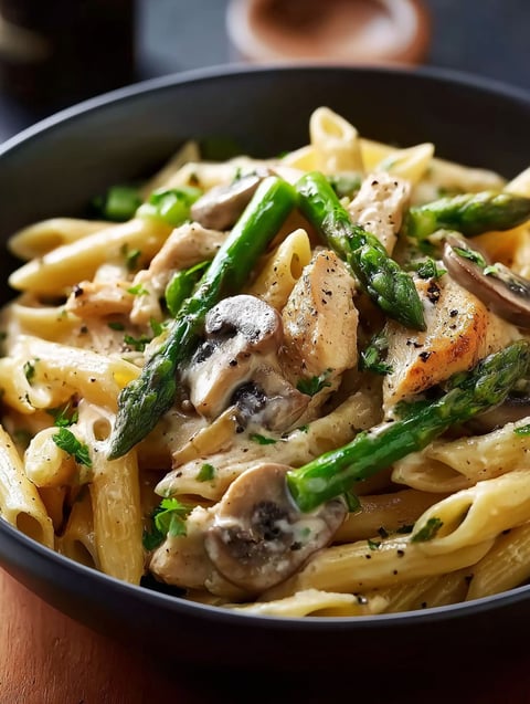Creamy mushroom and asparagus penne in a bowl