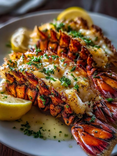 Lobster tails cooked on the grill with a garlic lemon butter sauce.