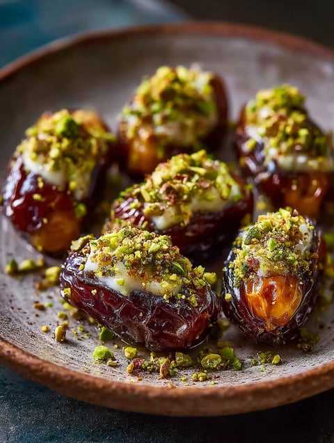 A plate of honey pistachio ricotta stuffed dates.