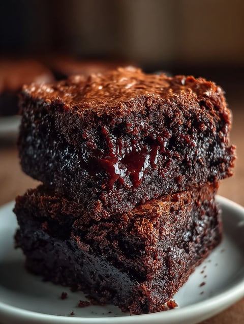 Two chocolate cake squares with chocolate frosting.