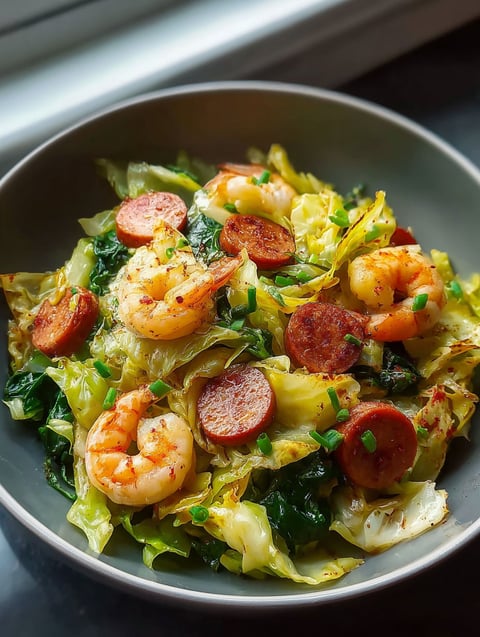 A bowl with shrimp, sausage, and cabbage.
