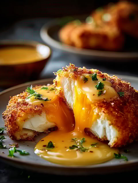 Plate with crunchy cheddar-covered chicken and sauce
