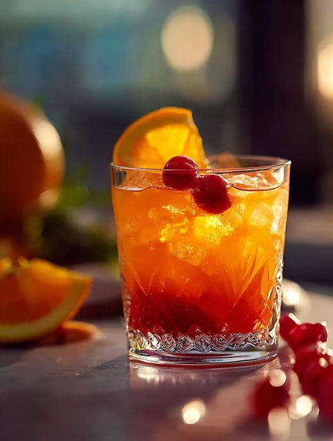 Tequila Sunset in a glass with orange slice and cherry on top
