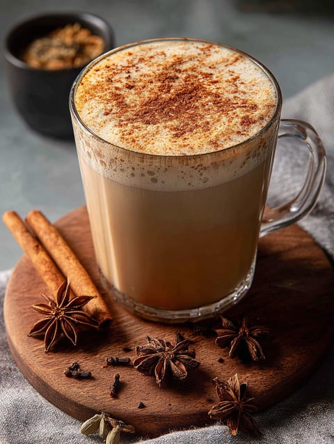 Glass filled with cinnamon vanilla milk tea.