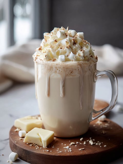 A mug filled with white hot chocolate topped with marshmallows.