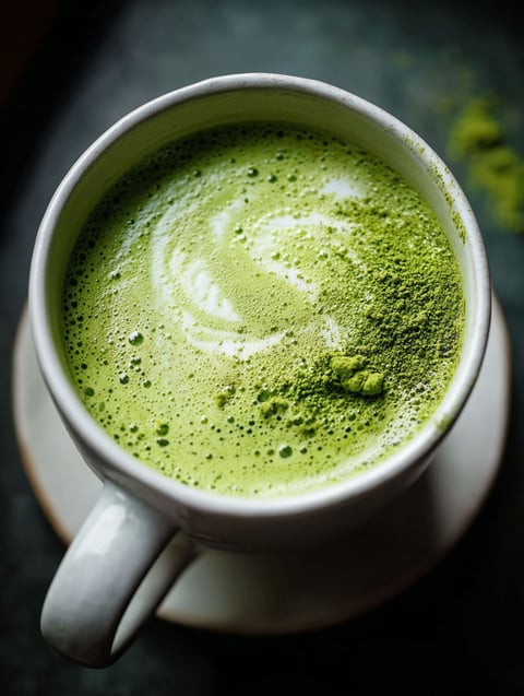 Green tea latte in a cup with matcha leaves inside
