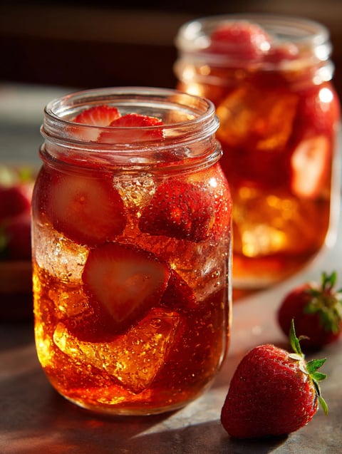Glass filled with strawberry lemonade and fresh strawberries inside.