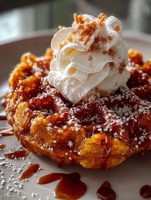 Stack of soft gingerbread waffles topped with whipped cream