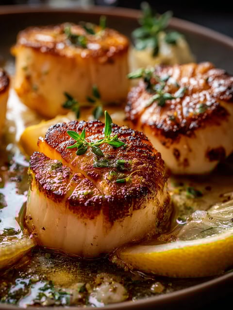 Scallops pan-seared with lemon butter sauce.