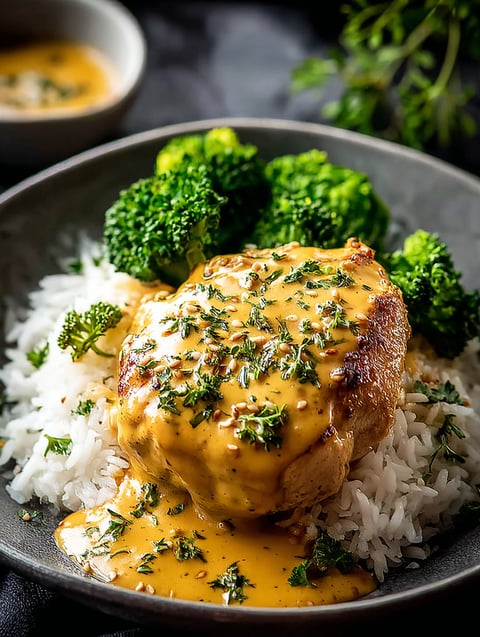 Plate holding chicken with sauce and rice.