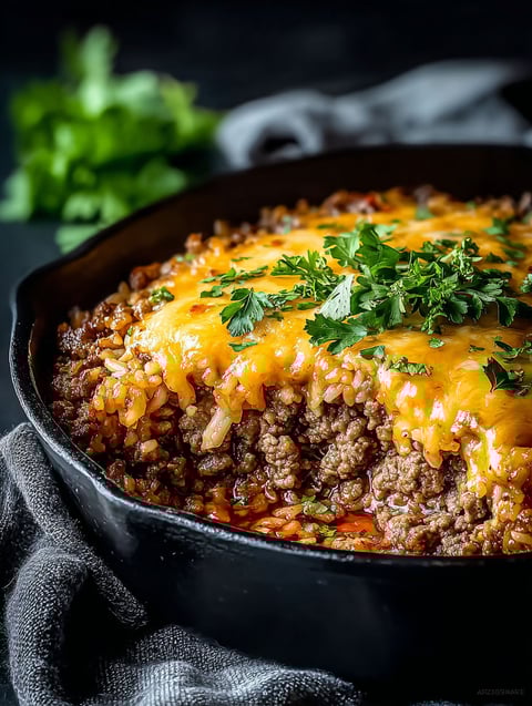 Close-up of cheesy beef and rice bake