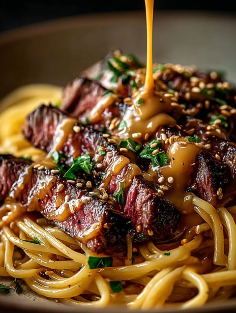Close up shot of steak smothered in garlic butter with noodles