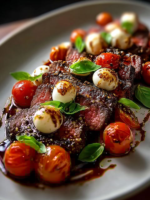 Grilled flank steak served with cheese and tomatoes.