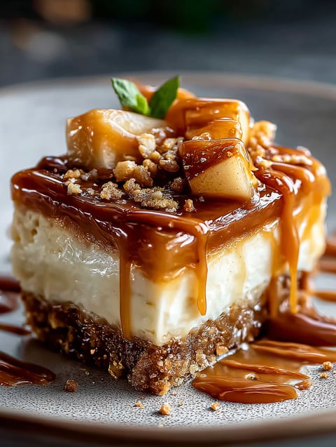 A slice of salted caramel apple pie cheesecake.