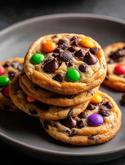 A plate of chocolate chip cookies with M&Ms.