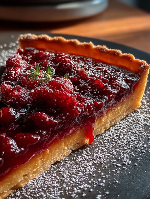 A slice of Cranberry-Orange Curd Tart.