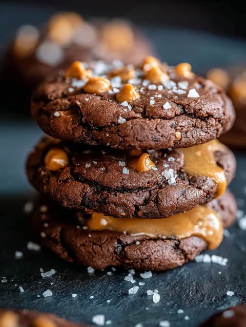 Cookies with double chocolate and peanut butter topped with sea salt.