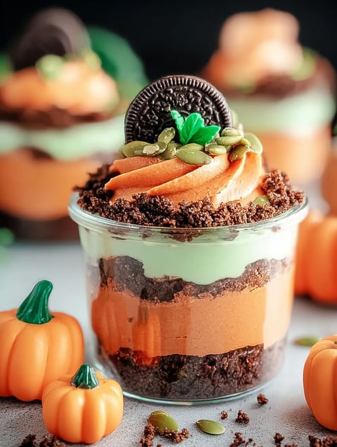 Cup filled with pumpkin dessert topped with cookie crumbs.