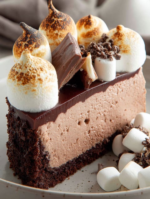 Slice of chocolate cheesecake with marshmallows on top.