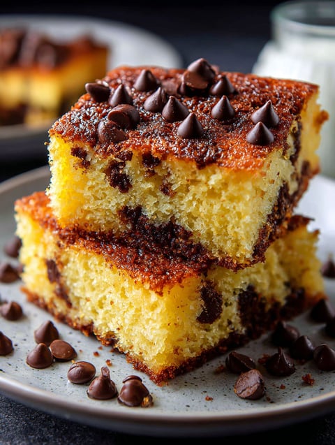 A slice of chocolate chip cake.