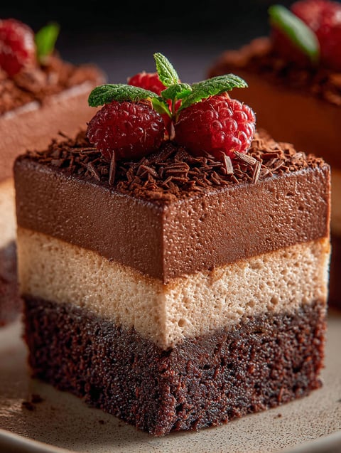 A piece of chocolate mousse brownies topped with fresh raspberries.