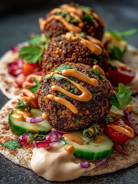 Mini falafel wraps with sauce and vegetables.