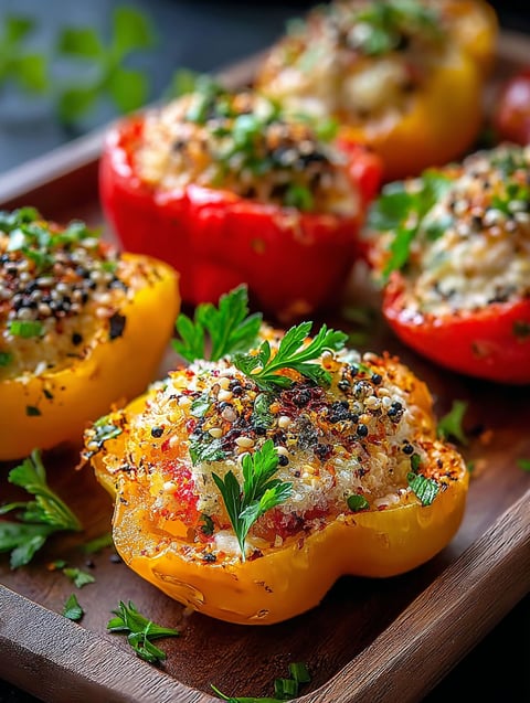 Mini peppers stuffed on a wooden board.
