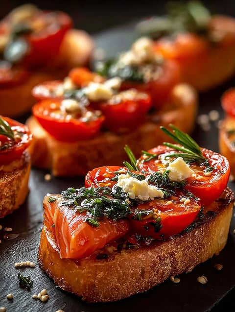 A crostini with tomatoes and basil on top.