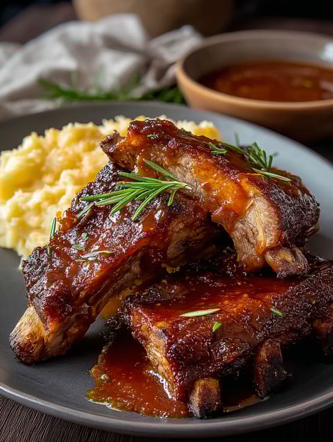 Plate of saucy ribs ready to eat.