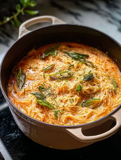 Noodle soup in a pot with veggies.