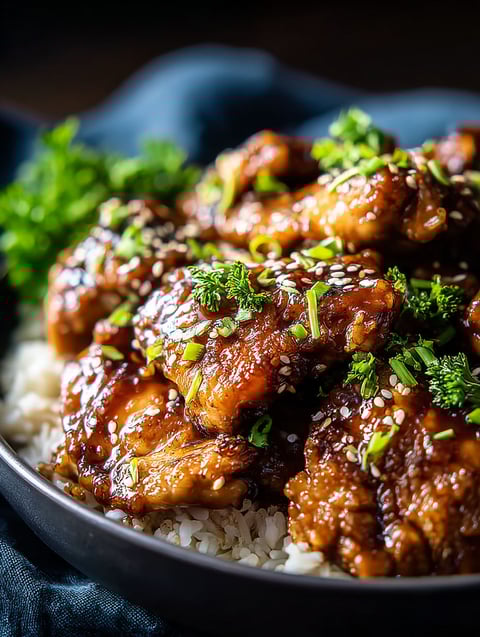 Plate with chicken thighs, rice, and garnish
