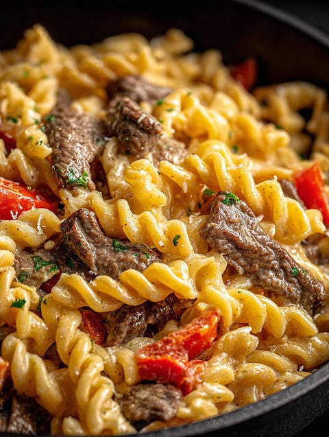 Close shot of tasty cheesesteak pasta.