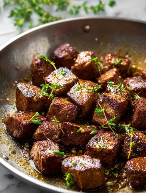 A pan of steak bites with herbs and spices.