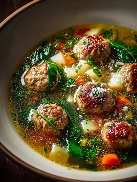 Bowl filled with soup containing meatballs and fresh greens.