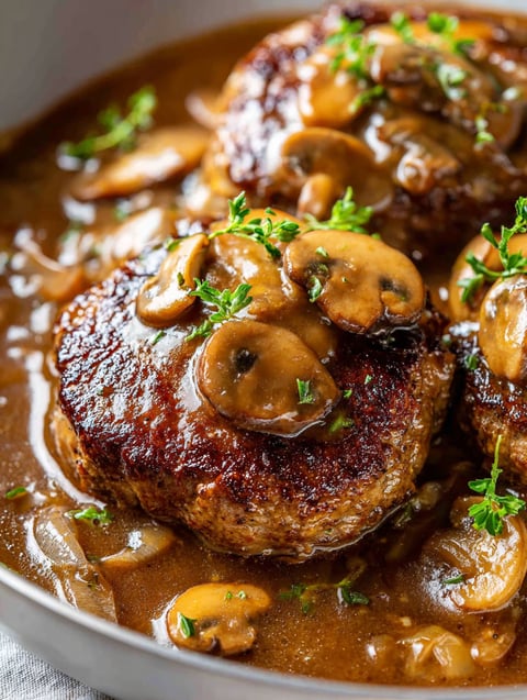 Close-up shot of meat topped with mushrooms.