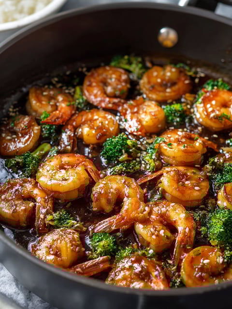 Shrimp cooked with garlic and honey in a pan