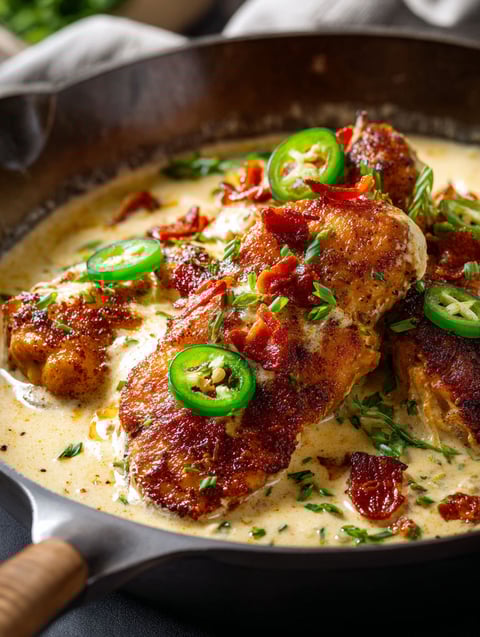 Chicken topped with jalapeños on a plate.