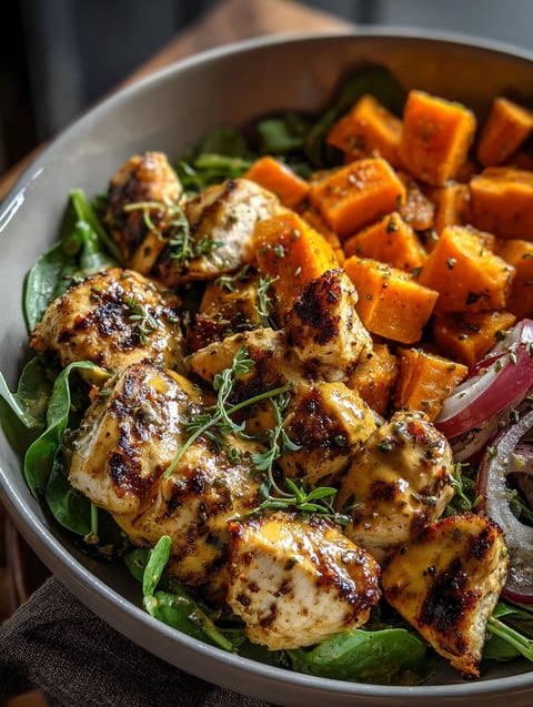 A bowl of food with chicken, sweet potatoes, and greens.