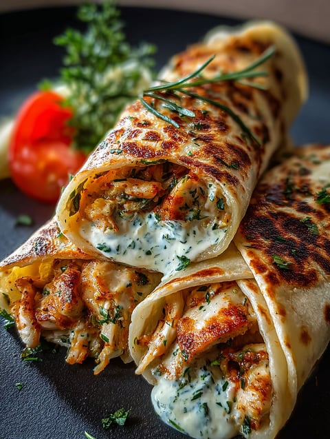 A plate of cheesy chicken garlic wraps.