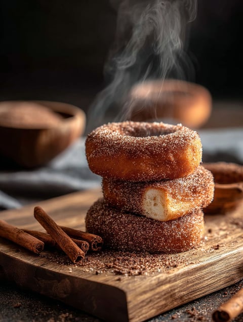A stack of cinnamon donuts with a cinnamon ember on top.