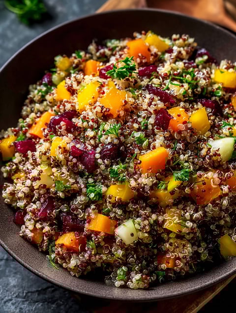 A bowl of quinoa salad with various fruits and vegetables.