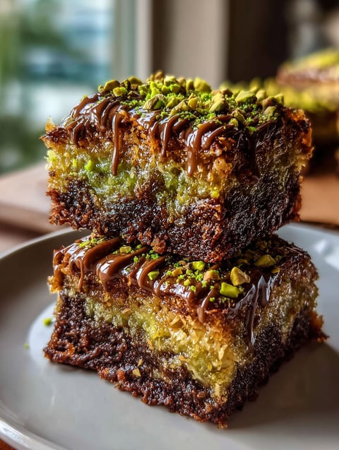 A slice of pistachio kunafa brownies.