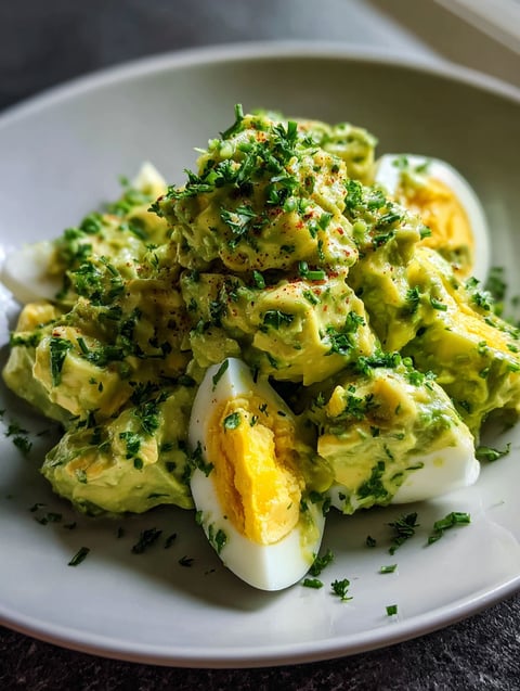 A plate of creamy avocado egg salad.